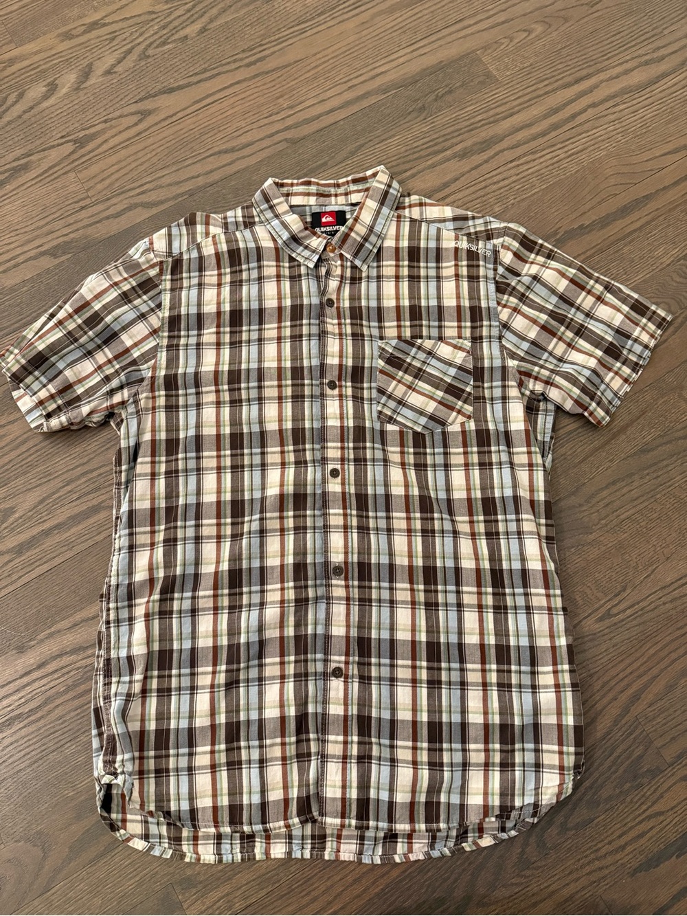 Quiksilver Men's Brown and Cream Plaid Short Sleeve Button-Down Shirt
